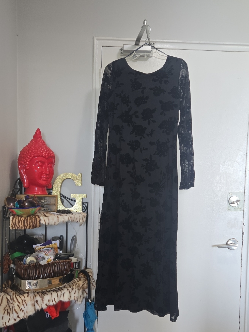 Simons Black Floral Burnout Lace Long Sleeve Maxi Dress